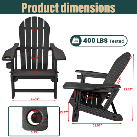 Product dimensions of All Weather HDPE Adirondack Chair With Built In Cup Holder Tool Free No Screws Needed No Hassle Easy To Take Apart For Storage Wood Grain Slatted Look Snap Fit Design For Quick Assembly Classic Black Outdoor Patio Chair
