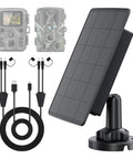 Top Shelf Solar Panel For Trail Cameras With 5000Mah Built In Battery And Dual Power Outputs, featuring charging cables and a mount.