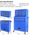 Built Tight Eight Drawer Rolling Tool Chest With Fully Lined Drawers And Locking Base Cabinet For No Mess Garages And Heavy Duty Shop Rigs In True Blue specifications showing dimensions and features.