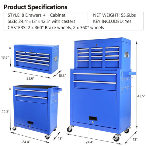 Built Tight Eight Drawer Rolling Tool Chest With Fully Lined Drawers And Locking Base Cabinet For No Mess Garages And Heavy Duty Shop Rigs In True Blue specifications showing dimensions and features.