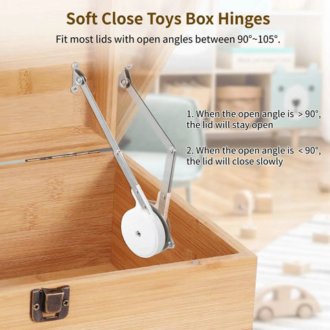 Two Pack Soft Close Toy Box Hinges With Adjustable Lid Dampers For Cedar Storage Trunks And Benches installed on a wooden box lid