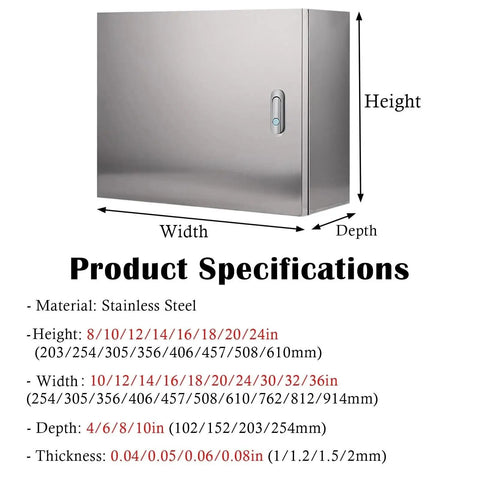 Rugged Stainless Steel Electrical Junction Box Outdoor Enclosure For Factories And Workshops Weatherproof Metal Chest 20x24x10 Inches 2mm Thick Durable Dustproof Secure Storage For Industrial Use, front view with size specs