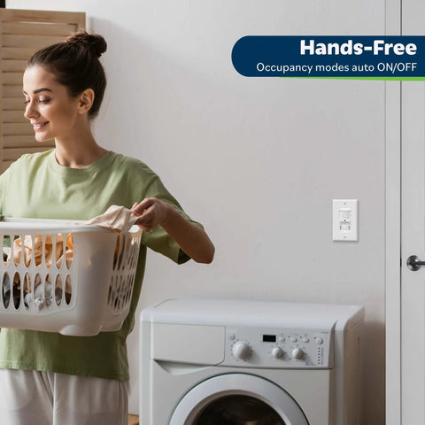 Woman in laundry room using 2 Pack In Wall Motion Sensor Light Switch For Single Pole Install No Fuss Auto On Off Occupancy Sensor