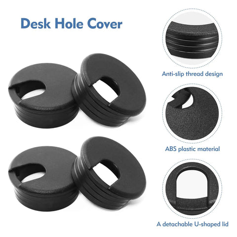 4 Pack Black Desk Grommets Offer Smooth Flush Mount Fit With Streamlined U Shaped Slot To Sweep Away Wire Snarls And Keep Your Workstation Looking Fresh. Images show ABS plastic black desk grommets with anti-slip design.