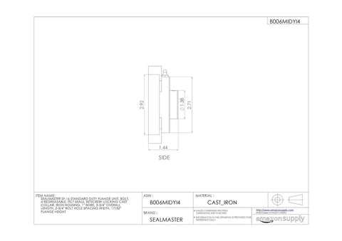 Drawing of Heavy Duty Cast Iron Flange Mounted Ball Bearing Unit With One Inch Straight Bore And Set Screw Locking Collar.