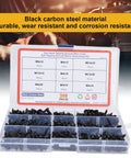 380Pcs Self Tapping Screws Kit Black Carbon Steel Round Head Self Drilling Screws with Washer displayed in box compartments
