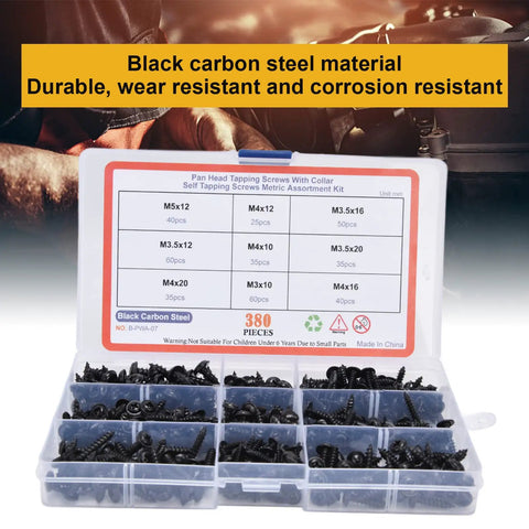 380Pcs Self Tapping Screws Kit Black Carbon Steel Round Head Self Drilling Screws with Washer displayed in box compartments