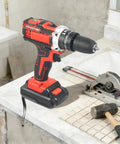 No Fuss Cordless Drill Set Heavy Lifter Handheld Power Tool With All Day Battery Pack Ready To Roll For Tough Tasks Without Overheating Problems In Sleek Red Finish on a workbench.