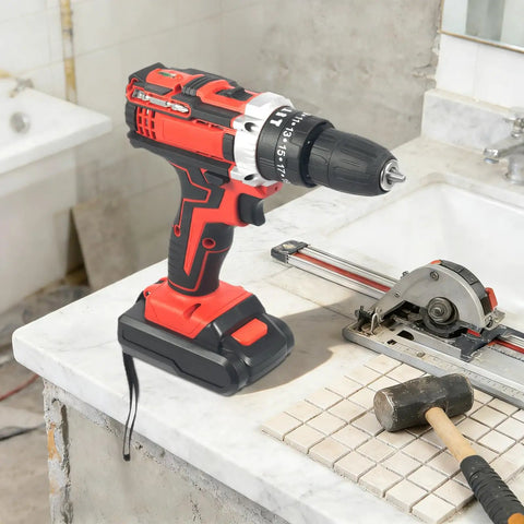 Cordless Drill Set Powerhouse Dual Speed Battery Driver With Three Eighth Inch Keyless Chuck Led Light Tough Nylon Case For Making Short Work Of Wood Tile Plastic Diy Repairs At Home on a workbench.