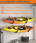 Beefy Wall Mount Kayak Storage Rack With Mega EVA Foam And Rubber Bushing For Lockdown Paddle Board And Surfboard Hangers 6 Pack holds two kayaks.