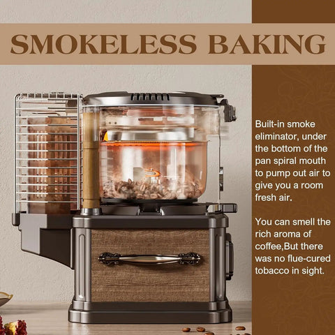 Home And Cafe Coffee Bean Roaster With Eight Heat Settings Dead Quiet Operation Precise Temperature Control Automatic Chaff Removal And Built In Triple Layer Safety Lock For Smooth Daily Brews showcasing smoke eliminator and coffee beans.