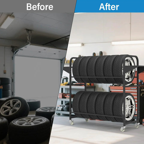 Ultimate Garage Game Changer Heavy Duty Tire Storage Rack Comes With Anti Dust Cover To Stash Your Car Or Motorcycle Rubber Securely Stores Up To Four Wheels At 44 Inches Keeps Garage Tidy And Protects From Dirt in before and after comparison.