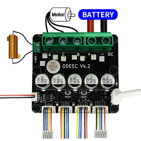 Beefed Up Brushless Servo Motor Controller Driver Board V4.2 with Odrivetool compatibility, overhead view with labeled connections.