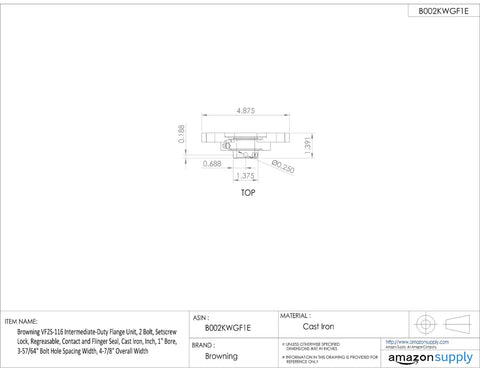 One Inch Bore Two Bolt Flange Mount Pillow Block Ball Bearing Housing With Rock Solid Cast Iron Construction, detailed dimensions shown.
