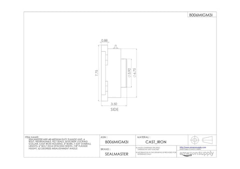 Beefy 3 Inch Bore 4 Bolt Flange Mount Ball Bearing With Cast Iron Housing and Felt Labyrinth Seals side view dimensions drawing