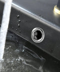 Close-up of water flow into Black Ceramic Rectangular Wall Mount Sink 21 By 17 Inches Vessel Style Bathroom Vanity with finish detail