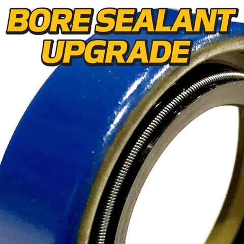 Rock Solid Front Caster Wheel Bearing Kit With Threaded Axle Sleeve For Zero Turn Mowers fits Emak Lazer Z models, showing blue bore sealant upgrade.