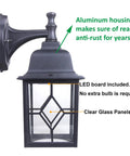 Rock Solid Outdoor Wall Light Fixture Crafted From Rustproof Aluminum And Clear Glass Panels featuring a side view and LED board.