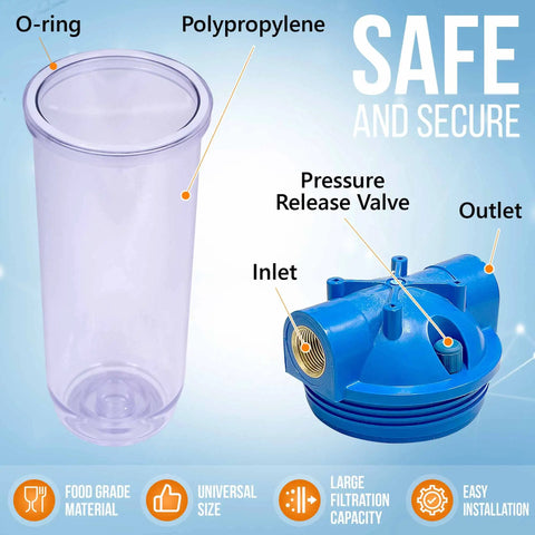 10 Inch Whole House Water Filter System With Hella Durable Thick Walled Transparent Housing And Classy Three Quarter Inch Brass Fittings Paired With Four Sick 5 Micron Pleated Sediment Cartridges depicted with blue pressure release valve and transparent housing.