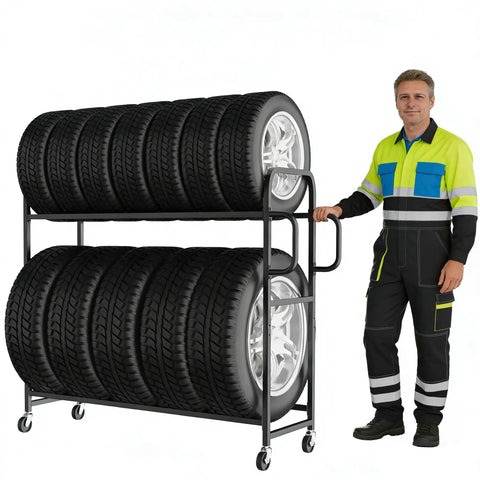 Heavy Duty Tire Rack With Adjustable Crossbars And Slick Swivel Casters Real American Heavy Lifter For Garage Organization Featuring Reinforced Carbon Steel Build Supporting Up To Five Hundred Pounds Hassle Free with stacked tires.