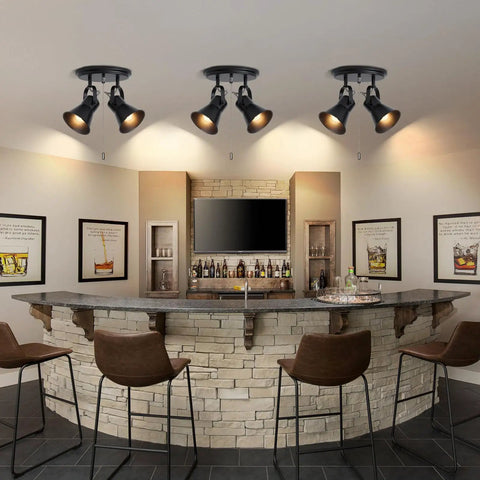 Two Light Black Track Lighting With Pull Chain Industrial Adjustable Ceiling Light Fixture shown installed over a modern home bar area.