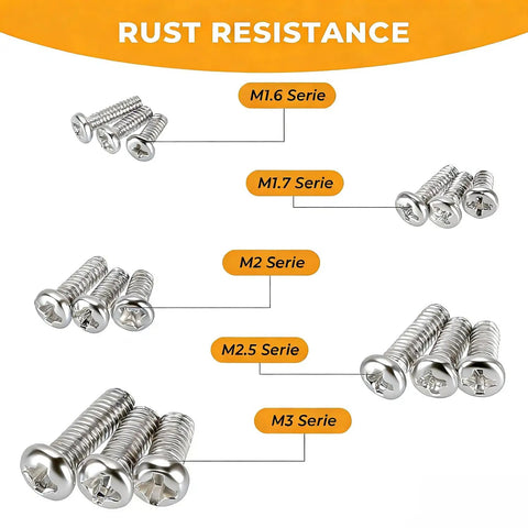 1000 Piece Rust Resistant Carbon Steel Mini Screw Kit With Phillips Pan Heads For Electronics Repair And Gadget Fixes M1.6 To M3 series screws arranged by size