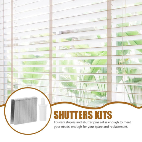Hella Durable White Stainless Steel Shutter Pins Paired With A Dead Simple Louver Repair Kit, blinds and staple kit image.