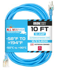 10 Ft 16 Gauge All Weather Extension Cord Built To Survive Subzero Chill Without Getting Hard As A Rock, displaying blue cable and label.