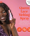 Model holding Lace Melting Spray for Wigs 4.2 Oz, extra hold, no residue, creating seamless hairline melt after glue application.