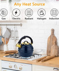 Stovetop Whistling Tea Kettle 3.2 Quart Stainless Steel Teakettle on gas stove in kitchen, showing versatility with any heat source.