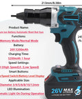 Portable Electric Automatic Rivet Nut Gun Kit With LED Lighting, 26V Battery Powered, side view showing features and measurements.