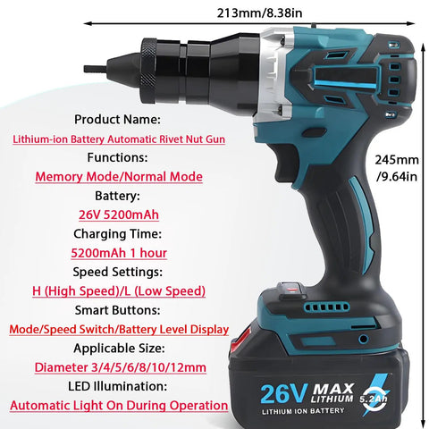Portable Electric Automatic Rivet Nut Gun Kit With LED Lighting, 26V Battery Powered, side view showing features and measurements.
