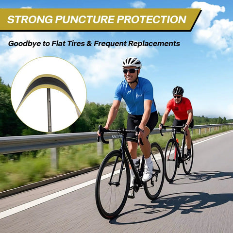 Cyclists on road with inset showing Self Adhesive 700C Bike Tire Liner For Puncture Protection No More Flats Inner Tube Shield