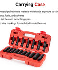 Open red carrying case with 17-piece Half Inch Drive Deep 12 Point Impact Socket Set With Case, Metric Range 8 To 24 Mm inside