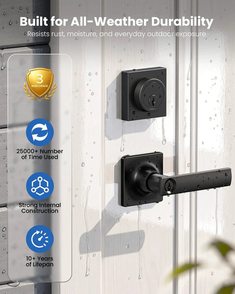 Modern Square Front Door Handle Set With Deadbolt Combo In Slick Matte Black Finish with water droplets for weather durability.