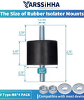 Rock Hard M8 Anti Vibration Rubber Isolator Mounts 4 Pack dimensions showing 40mm body, M8 threads, 2.76 inch height, compatible with devices.