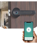 Straight Up Secure Fingerprint Smart Lock For Front Door Electronic Automatic Deadbolt Waterproof Biometric Keyless Entry No Fuss Setup shown on wooden door with phone app interface.