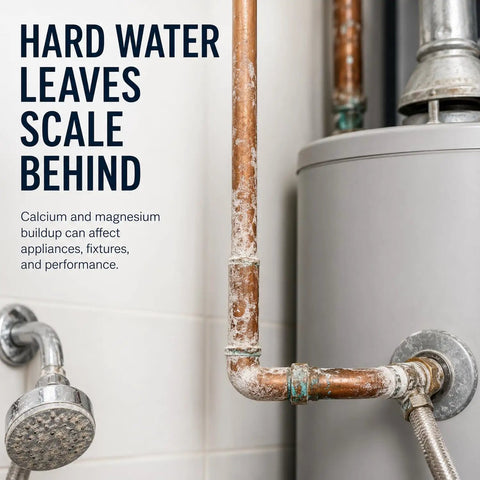 Hard water scale buildup on copper pipes near a water heater, illustrating the need for a Real Deal Inline Water Softener For Every Residential Heater Kick Stubborn Calcium Crust To The Curb While Keeping Your Plumbing Smooth With NSF Certified Resin Guard.