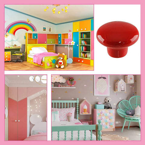 Totally Rad Red Ceramic Drawer Knobs With Funky Mushroom Shape For Nailed It Nursery Setup shown in colorful kids room.