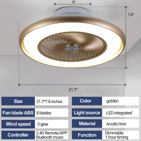 Modern Low Profile Bladeless Ceiling Fan With Lights And Remote For Bedroom 22 Inch Flush Mount Enclosed Ceiling Fan Gold Finish