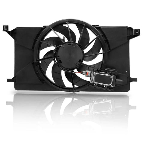 Engine Cooling Radiator Fan Assembly With Brushless Motor And Factory Shroud For Ford Focus Battery EV And 2 Point 0 Liter Engines Direct Swap No Sweat Install Hella Durable Cools Perfectly, showing 8-blade design.