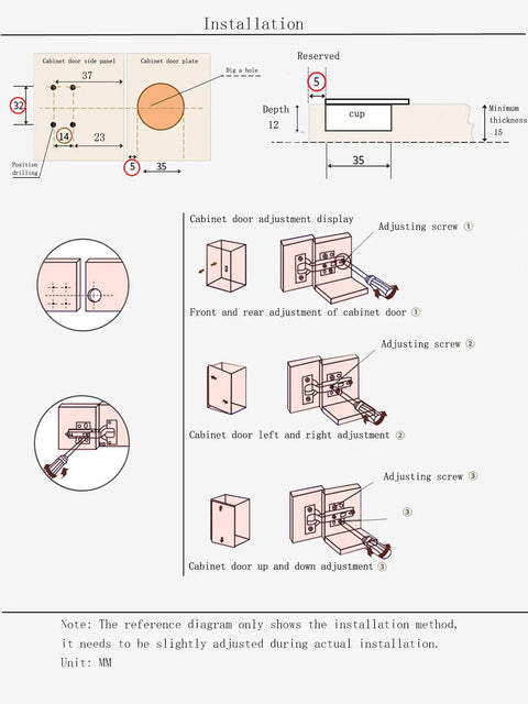 Installation instructions for Two Piece 110 Degree Frameless Cabinet Door Concealed Hinges With Soft Close Damper 304 Stainless Steel.