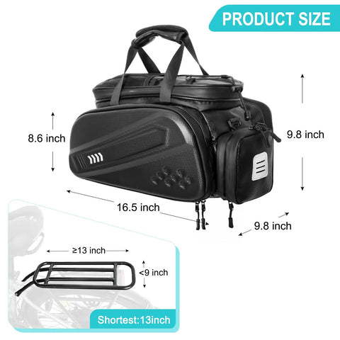 40L Hard Shell Rear Bike Rack Bag For Ebike Batteries And Gear, showing dimensions and rigid side panels, black color