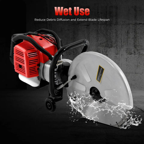 High Output 52Cc Gas Cut Off Saw Cracks Asphalt Like A Warm Knife Through Butter Utilizing 1400 Watt Motor And 1800 Rpm Speed Plus Wet Disk Design for concrete cutting.