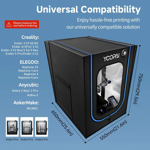 Top Notch 3D Printer Enclosure For Creality Ender 3, featuring universal compatibility and dimensions 750mm x 650mm x 550mm.
