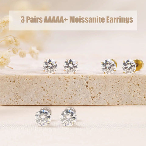 Hypoallergenic Titanium Screw Back Earrings Set Three Pairs VVS1 Sparkling Moissanite Studs on display.