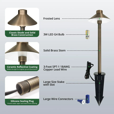 Solid Brass Pathway Lights 2 Pack Low Voltage Landscape Walkway Lighting With 3W G4 LED Bulbs 2700K Warm White Outdoor Waterproof Accent Lighting 12V AC DC Rugged Slot Spike Built Tough For Curb Appeal showing detailed components and features.
