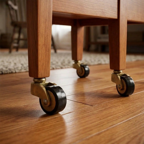 Solid Build Heavy Duty Brass Caster Wheels With Seamless 360 Swivel Ball Bearing Vintage Industrial Stem Pedestal Base Four Pack mounted on wooden furniture legs.