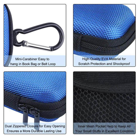 Portable Clamshell Electronic Organizer Case For Earbuds Headphones And Chargers with carabiner, EVA material, and inner mesh pocket.