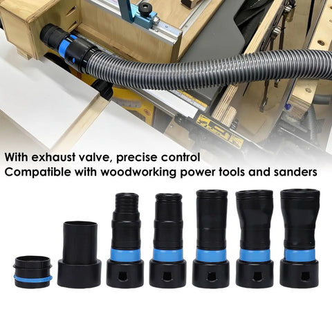 7Pcs Vacuum Hose Expansion Adapters With Dustcollection Quick Connectors And 360 Rotating Clip For 1-1-4 Inch Hoses showing size variations and exhaust valve for precision control.